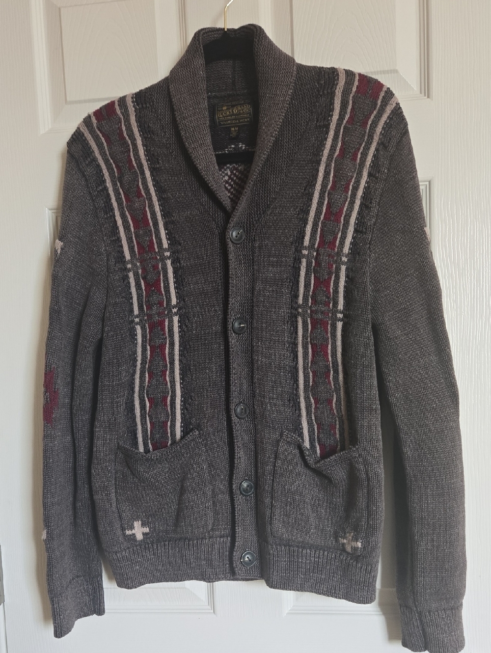 Lucky Brand Gray Shawl Collar Cardigan with Maroon Trim